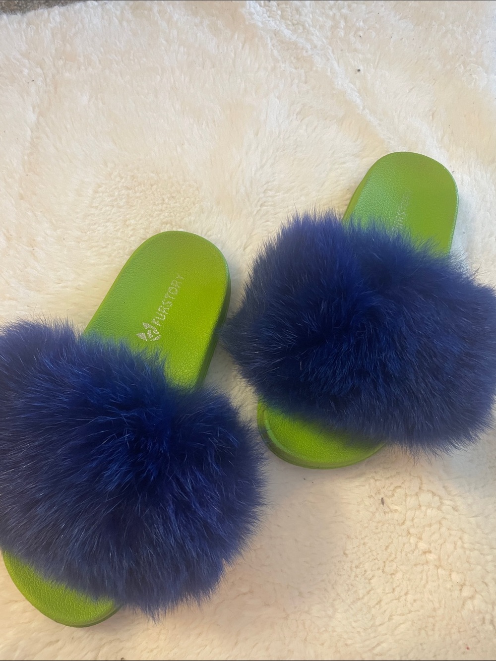 Blue Fur Slide Sandals with Lime Footbed